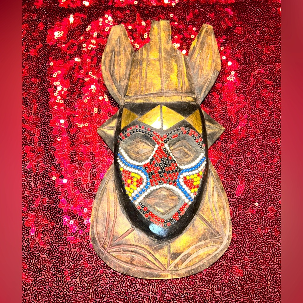 African-Ghana Hand Beaded Wooden Mask